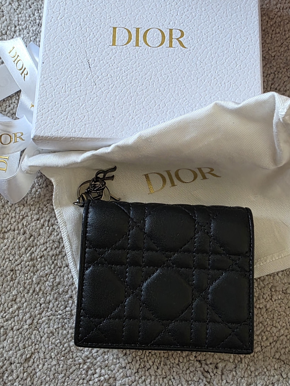 Dior Black Quilted Leather Card Wallet with Keyring
